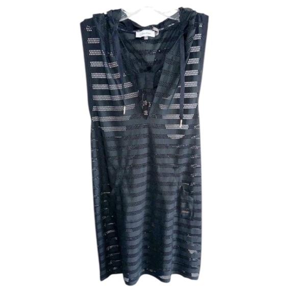Calvin Klein Crochet Black Stripe Cover-Up Tunic Sz S/M Hooded Racerback Beachy - Picture 2 of 13